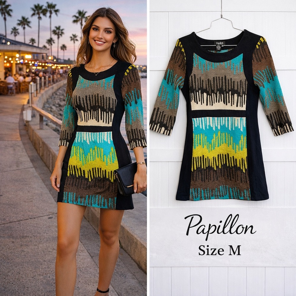 Papillon Size Medium Abstract Knit Dress 3/4 Sleeve Colorblock